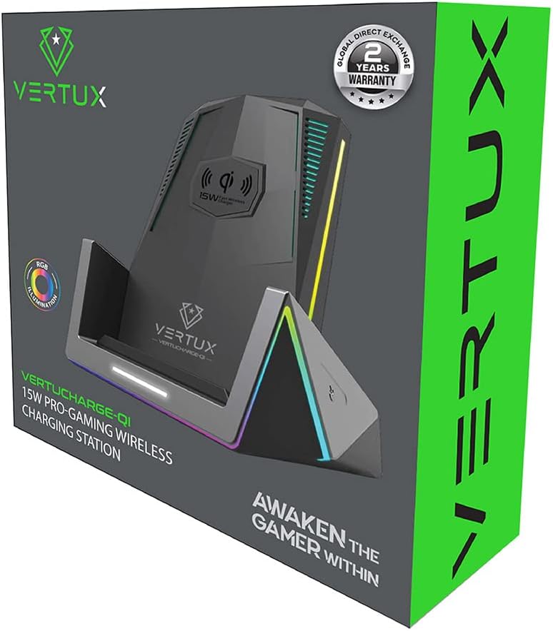 Vertux Qi 15W PRO GAMING WIRELESS CHARGING STATION | 15W Qi Wireless Charging Stand 18W USB-C Power 8 RGB Lighting Modes Fast Wireless Charging Qi-Enabled Smartphones - Black Vertux Qi 15W PRO GAMING WIRELESS CHARGING STATION | 15W Qi Wireless Charging Stand 18W USB-C Power 8 RGB Lighting Modes Fast Wireless Charging Qi-Enabled Smartphones - Black